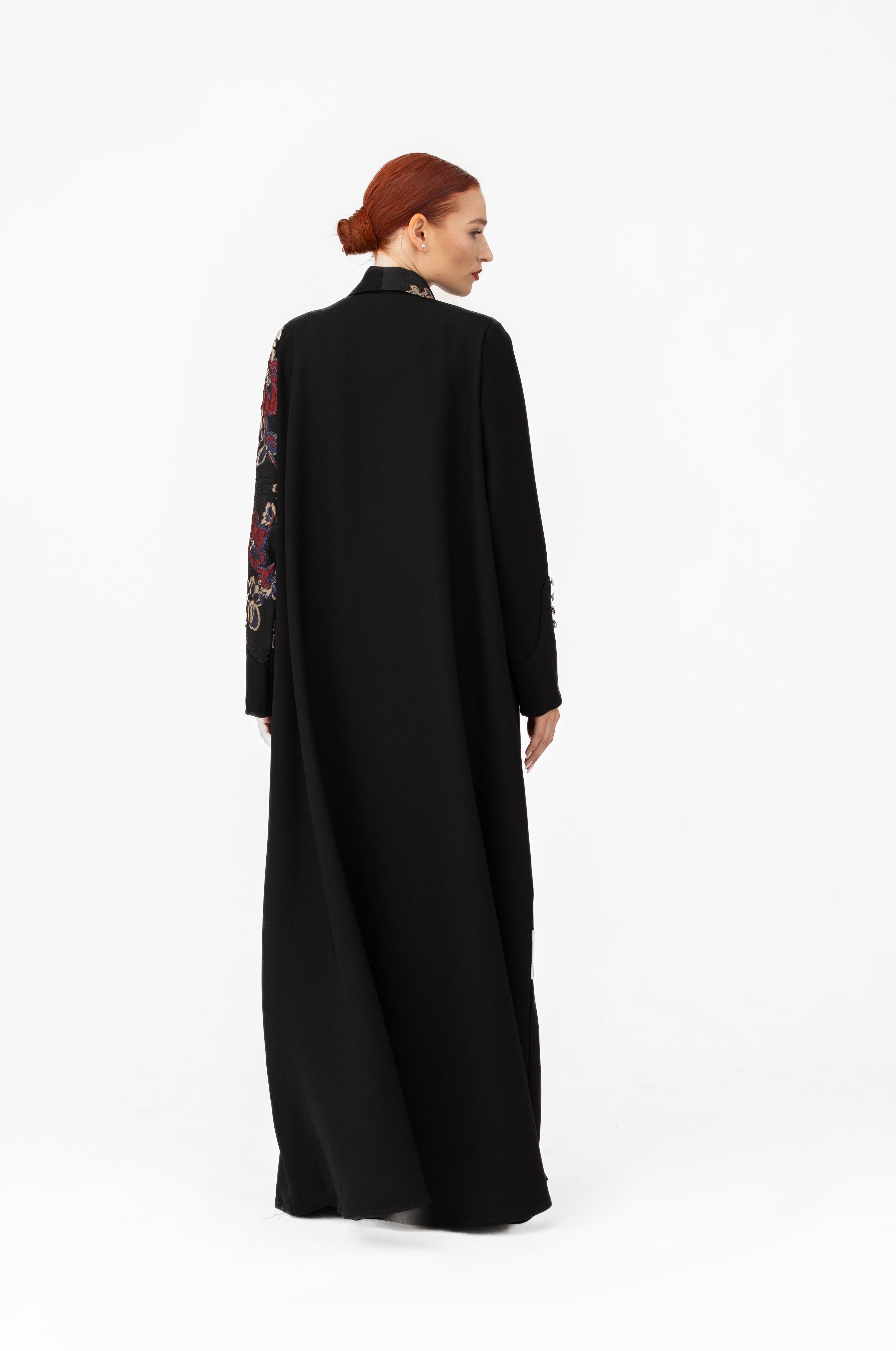 NR47: Black Floral Embroidered Abaya with Blazer Collar