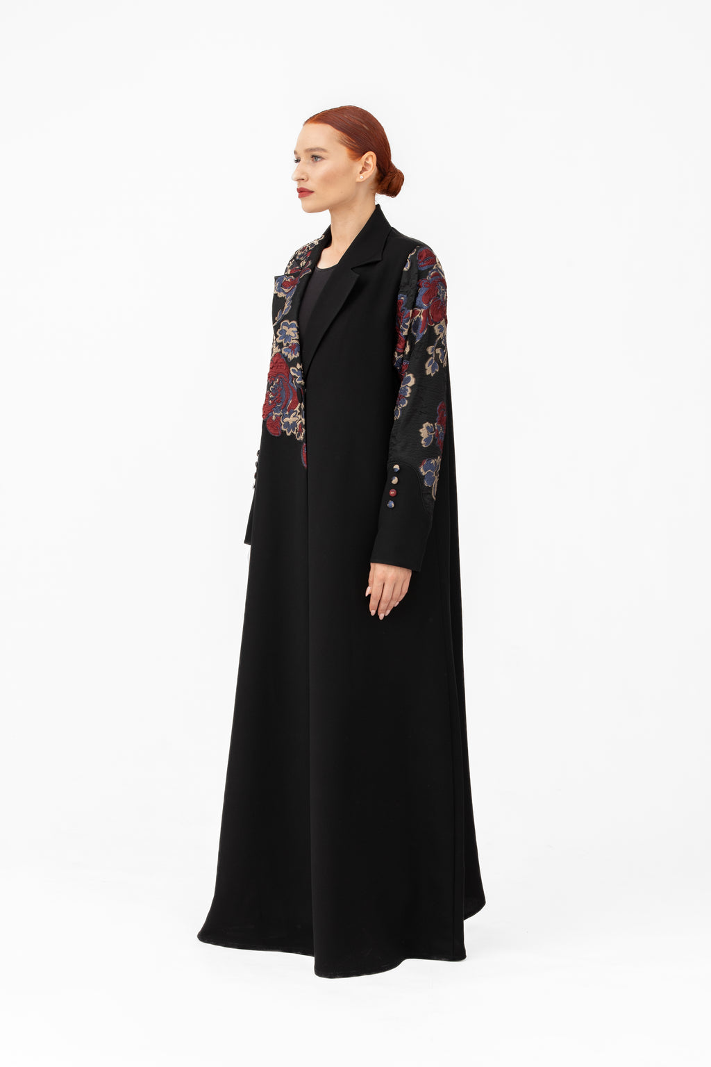 NR47: Black Floral Embroidered Abaya with Blazer Collar