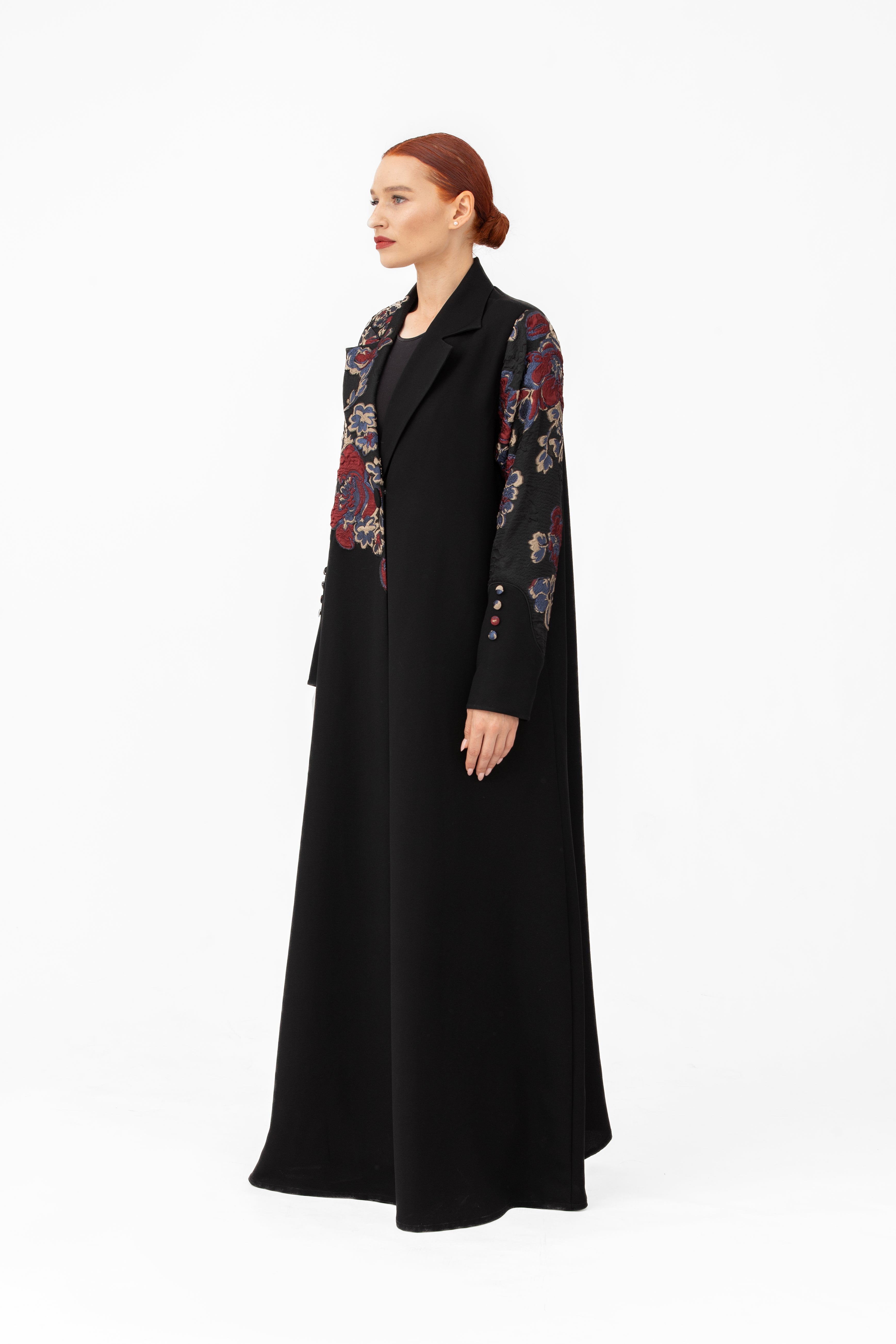 NR47: Black Floral Embroidered Abaya with Blazer Collar
