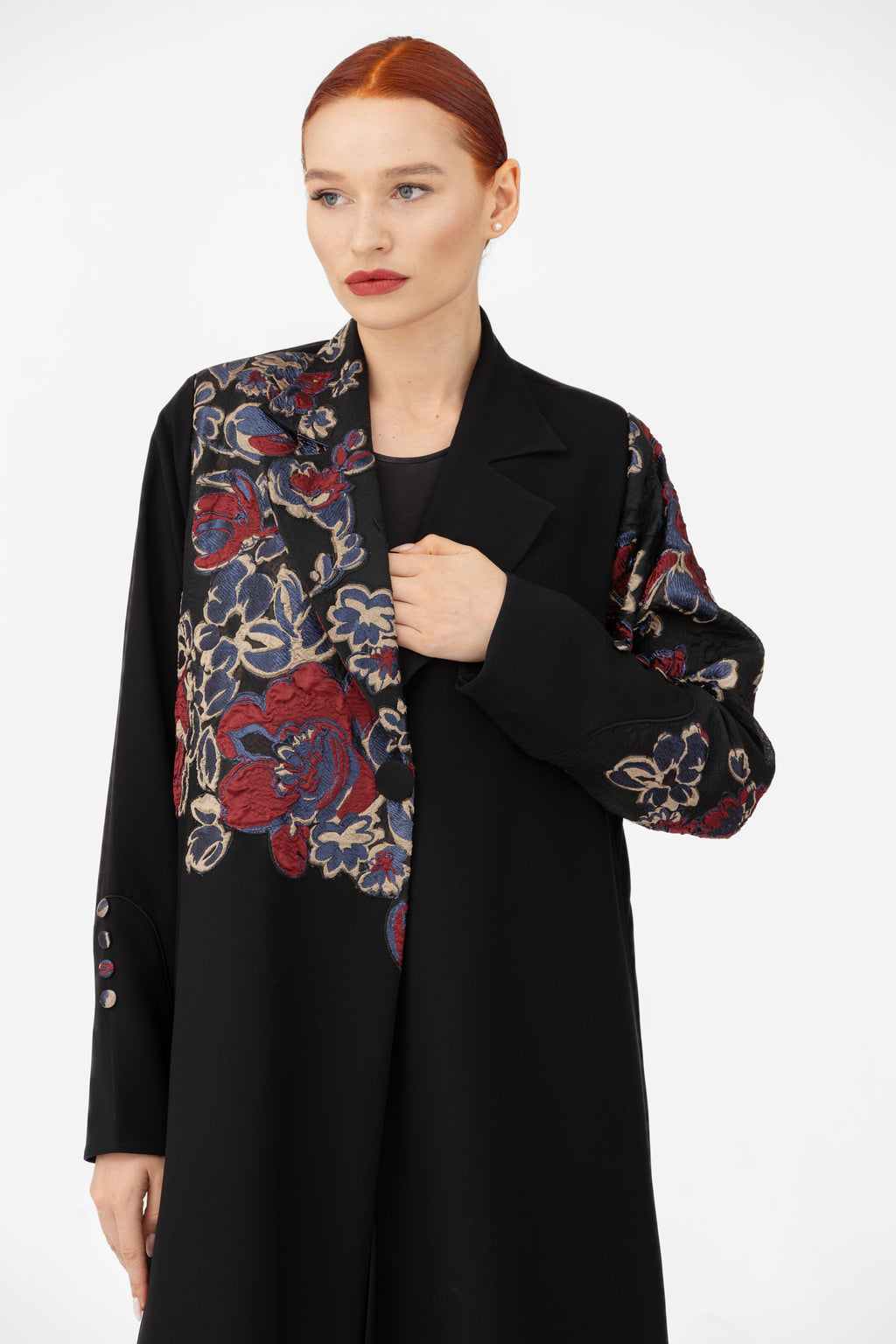 NR47: Black Floral Embroidered Abaya with Blazer Collar