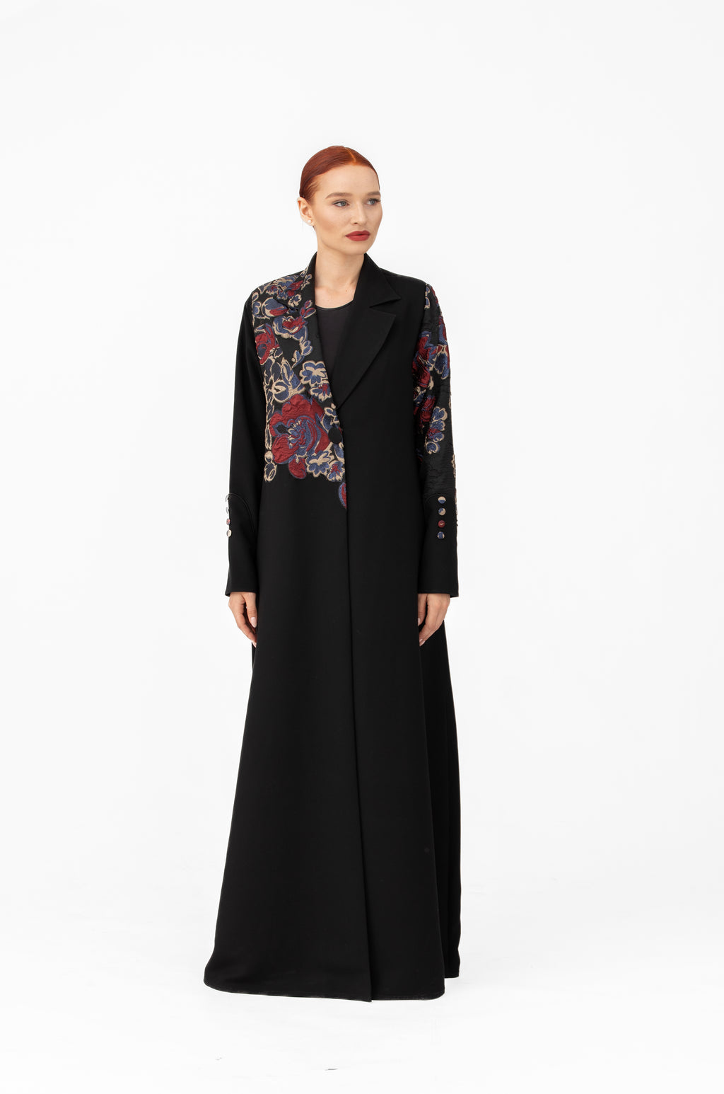 NR47: Black Floral Embroidered Abaya with Blazer Collar